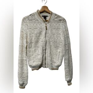 Chelsea & Theodore Anthropologie Cream Lace Knit crochet Bomber Jacket size S